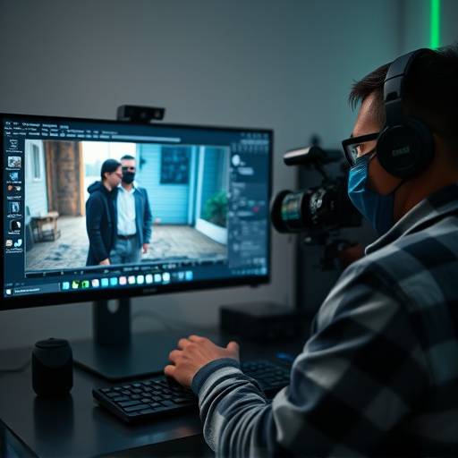 Un artiste effectuant du compositing VFX sur un écran d'ordinateur, représentant la phase de post-production et d'effets visuels.